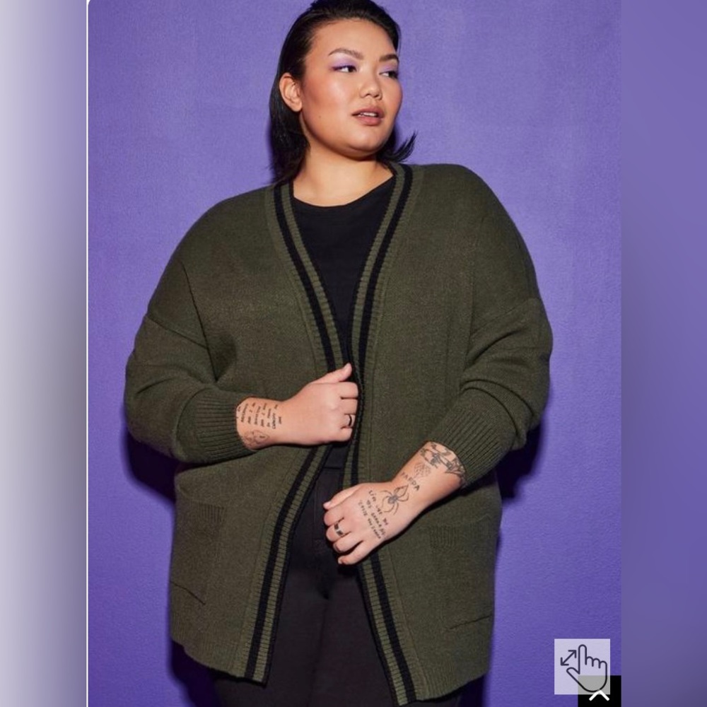 Torrid olive green cardigan “Lovesick” line with a graphic on the back